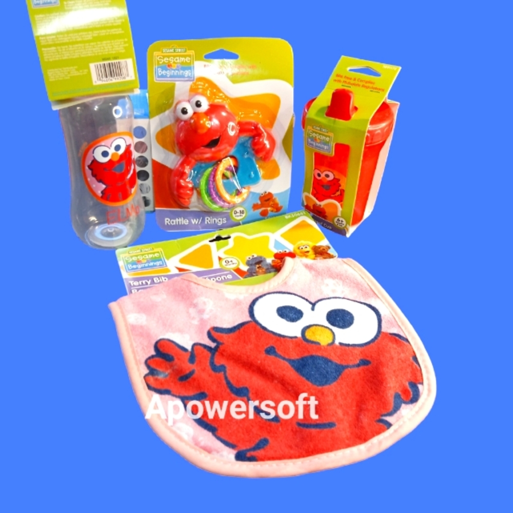 New Sesame Street Elmo Bundle / Rattle  Bottle, Sippy cup & Terry cloth bib